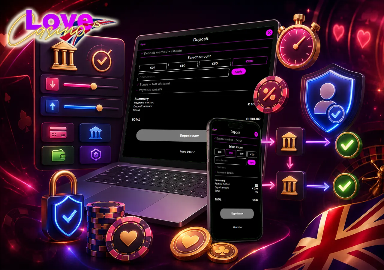 Love Casino UK payments scene with secure GBP cashier flow and clear account verification