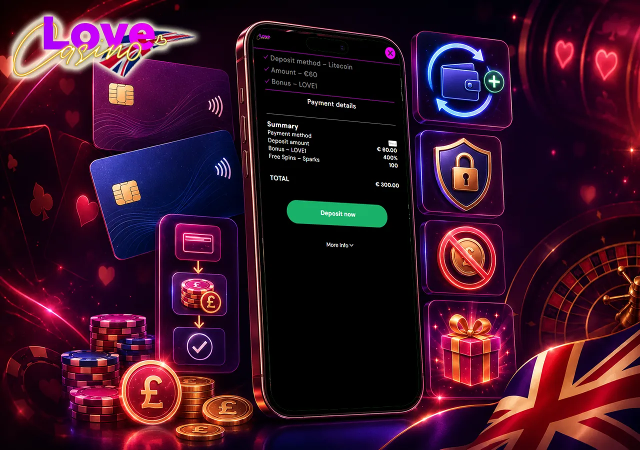 Debit card payments at Love Casino с телефоном, GBP deposit selector, secure lock, cashier flow и bonus trigger