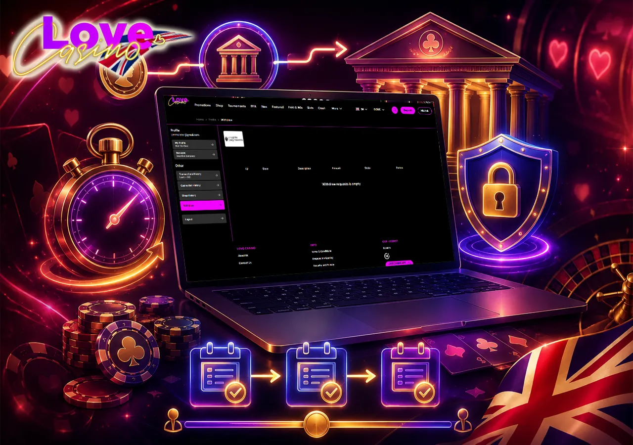 Bank Transfers and Withdrawal Times at Love Casino с ноутбуком, GBP transfer flow, verification shield и withdrawal timer