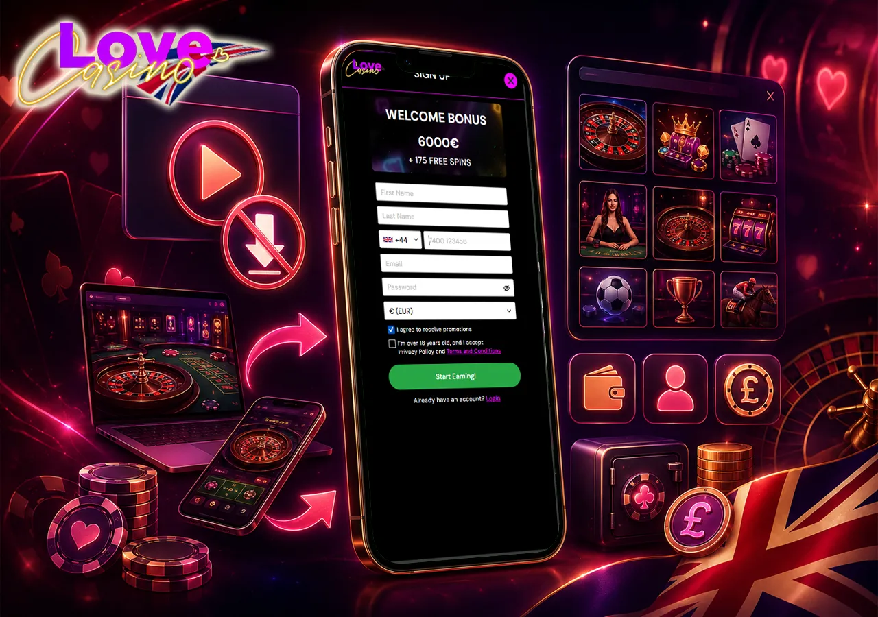 Love Casino UK mobile access with browser play, smooth lobby navigation and no-download convenience