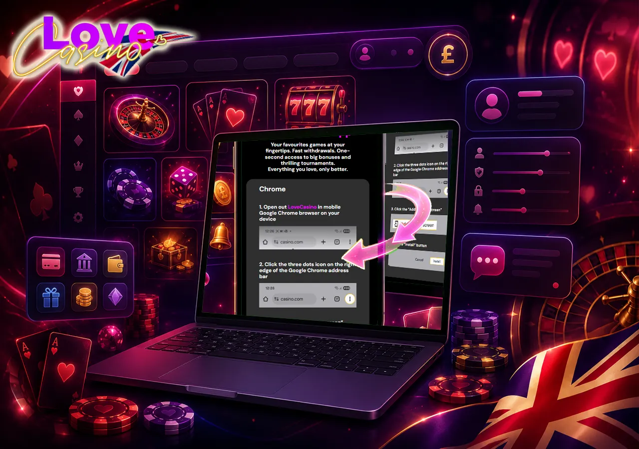 Desktop casino play shown through a polished laptop lobby with account and payment tools