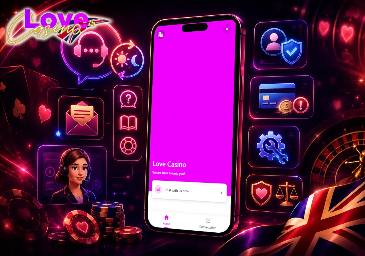 Love Casino UK customer support shown as a calm help scene with chat, guidance and verification help