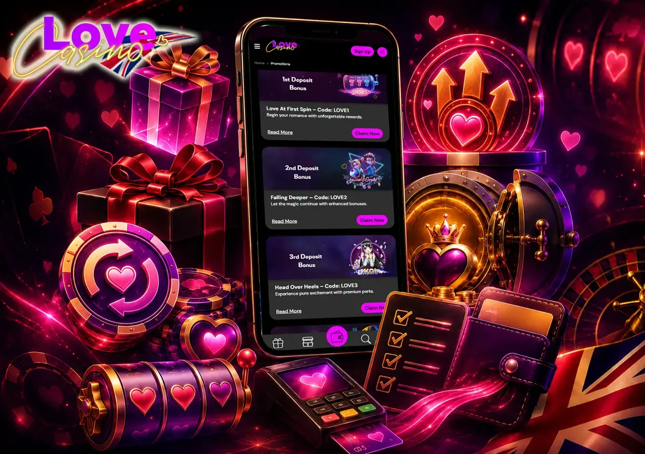 Love Casino UK game selection shown as a colourful lobby with slots, tables and live casino energy