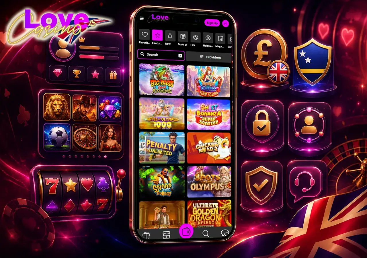 Обзор Love Casino UK с телефоном, game library, GBP badge, licence shield, SSL lock и support bubble