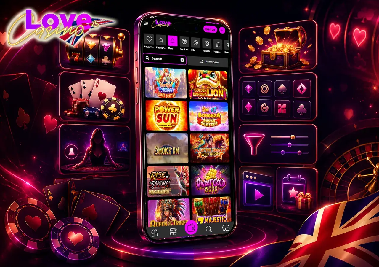 Game Selection at Love Casino с телефоном, slots, table games, live casino, jackpots, filters и game lobby