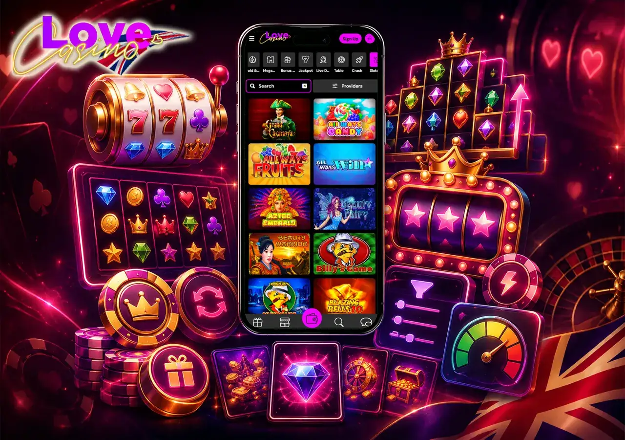 Обзор Love Casino UK с телефоном, game library, GBP badge, licence shield, SSL lock и support bubble