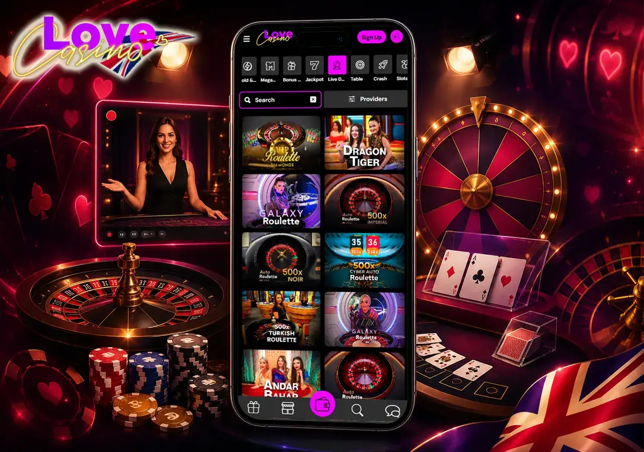 Live Casino at Love Casino с телефоном, live dealer studio, roulette, blackjack, baccarat, GBP chips и game-show wheel