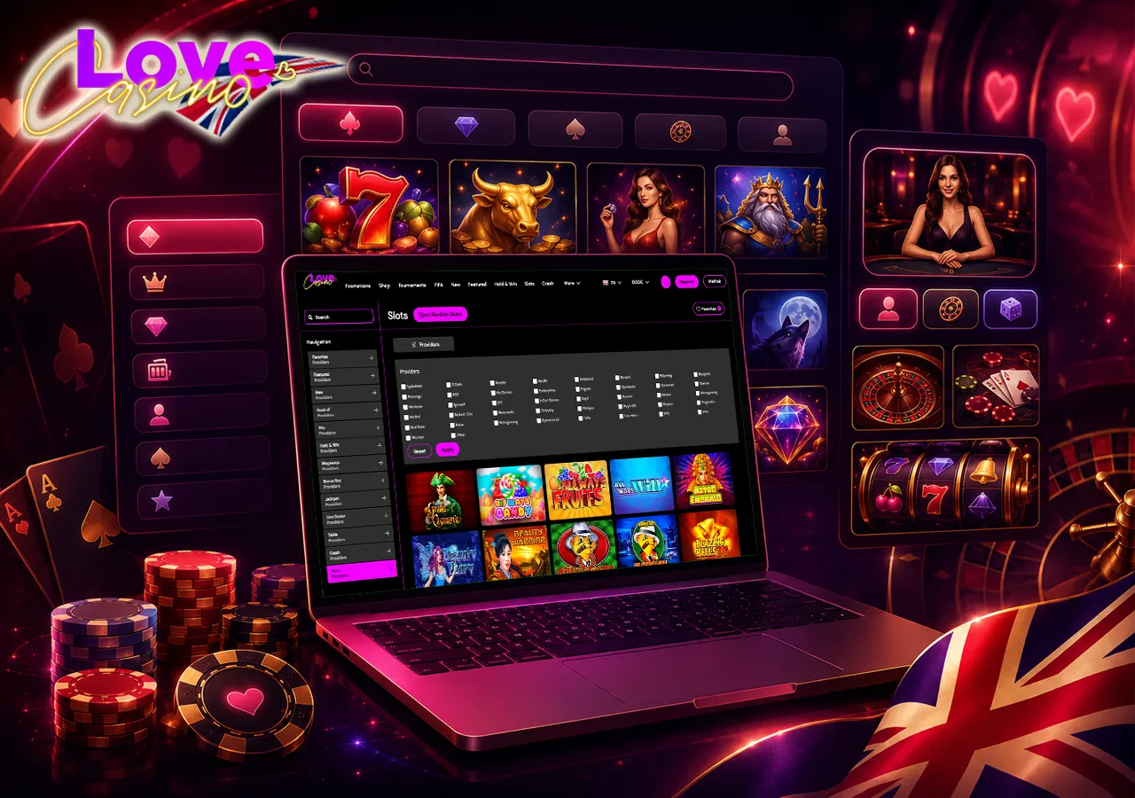 Game providers shown through a clean desktop lobby with search and studio-style tiles